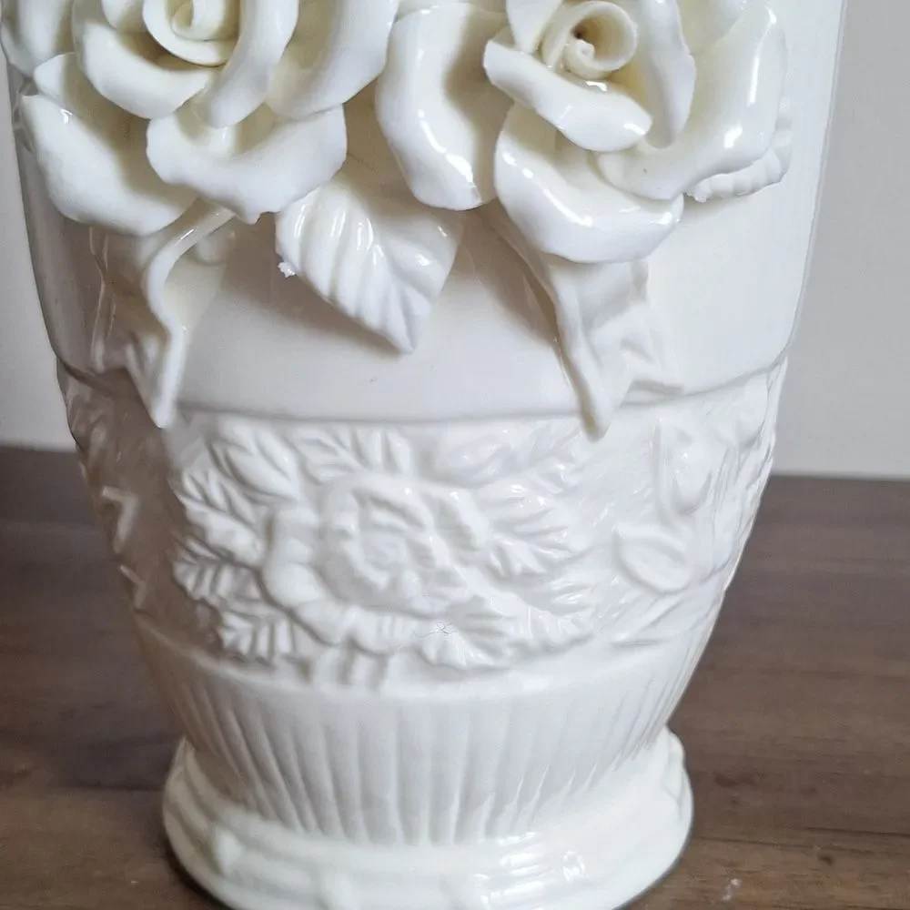Vintage Capodimonte Style Cream Rose Vase Heart Cutout Victorian Cottagecore